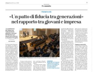 L'Arena, articolo 31 marzo 2026, Talent Week 2026, "Un patto di fiducia tra generazioni"